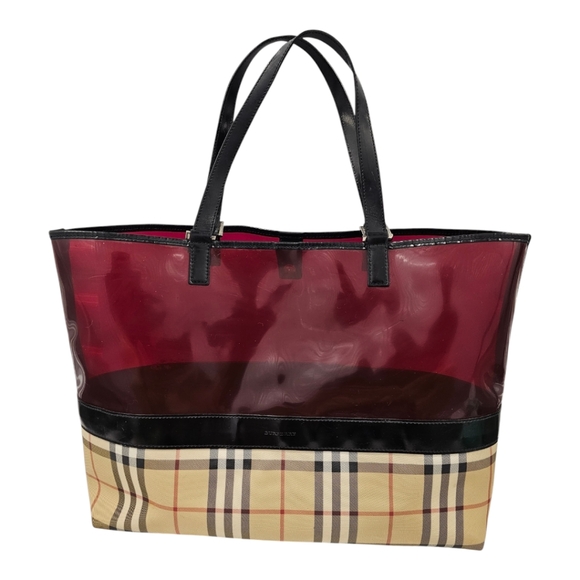 BURBERRY Nova Check Tote Bag Coated Canvas Vinyl Beige Red - Picture 4 of 16